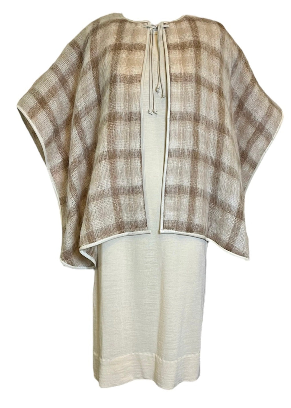 Bonnie Cashin 60s Tan  Plaid Mohair Cape with Matching Shift Dress ENS FRONT 1 of 8