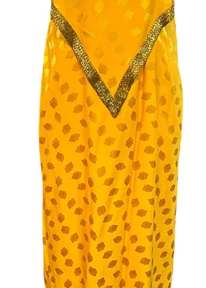 Bob Mackie 70s Yellow Silk Jacquard Strapless Gown with Beaded Trim FRONT 1 of 6