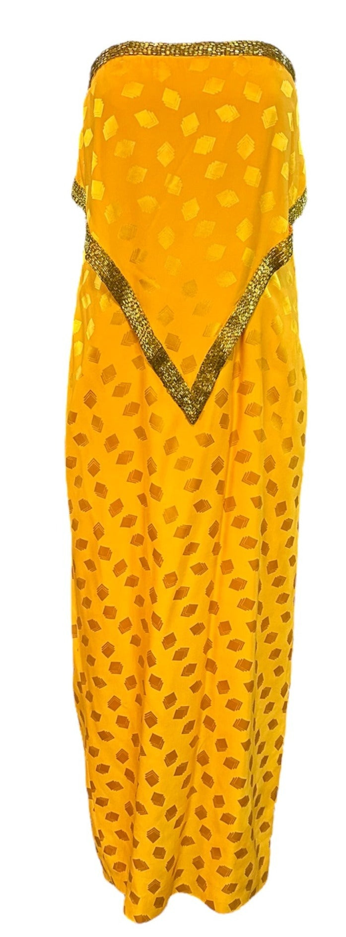 Bob Mackie 70s Yellow Silk Jacquard Strapless Gown with Beaded Trim FRONT 1 of 6
