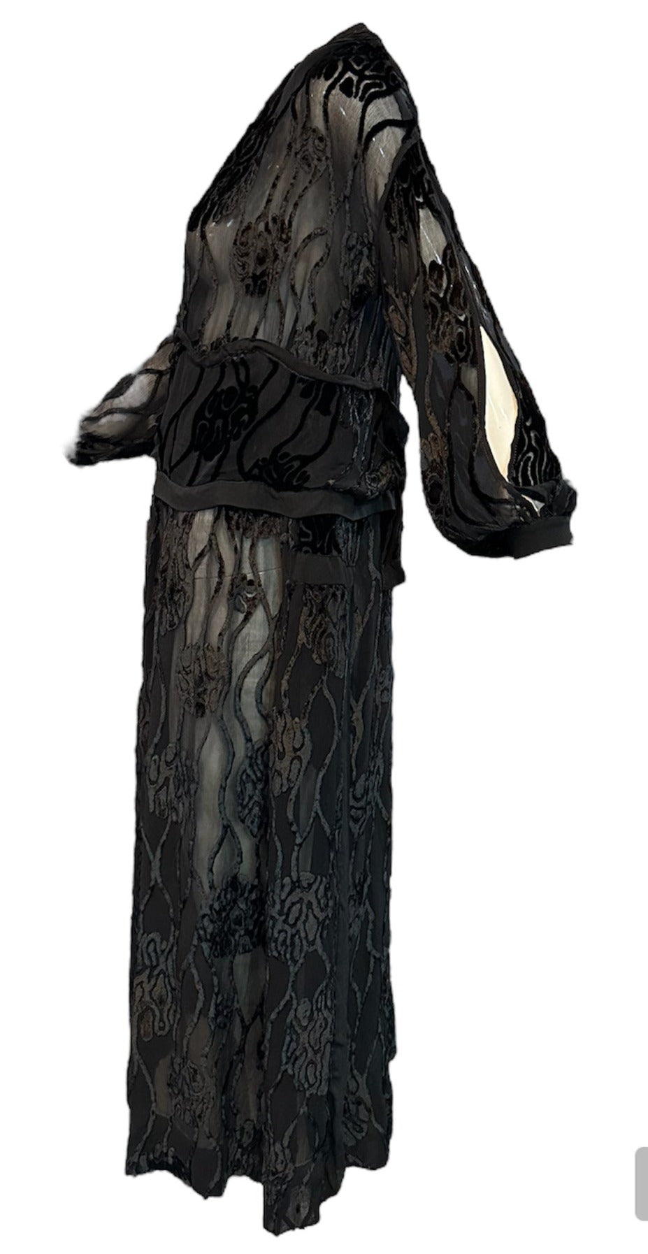 1920's Black Cut Velvet Drop Waist Flapper Dress with Sleeve Cut-Outs THE WAY WE WORE 1920's Black Cut Velvet Drop Waist Flapper Dress with Sleeve Cut-Outs THE WAY WE WORE