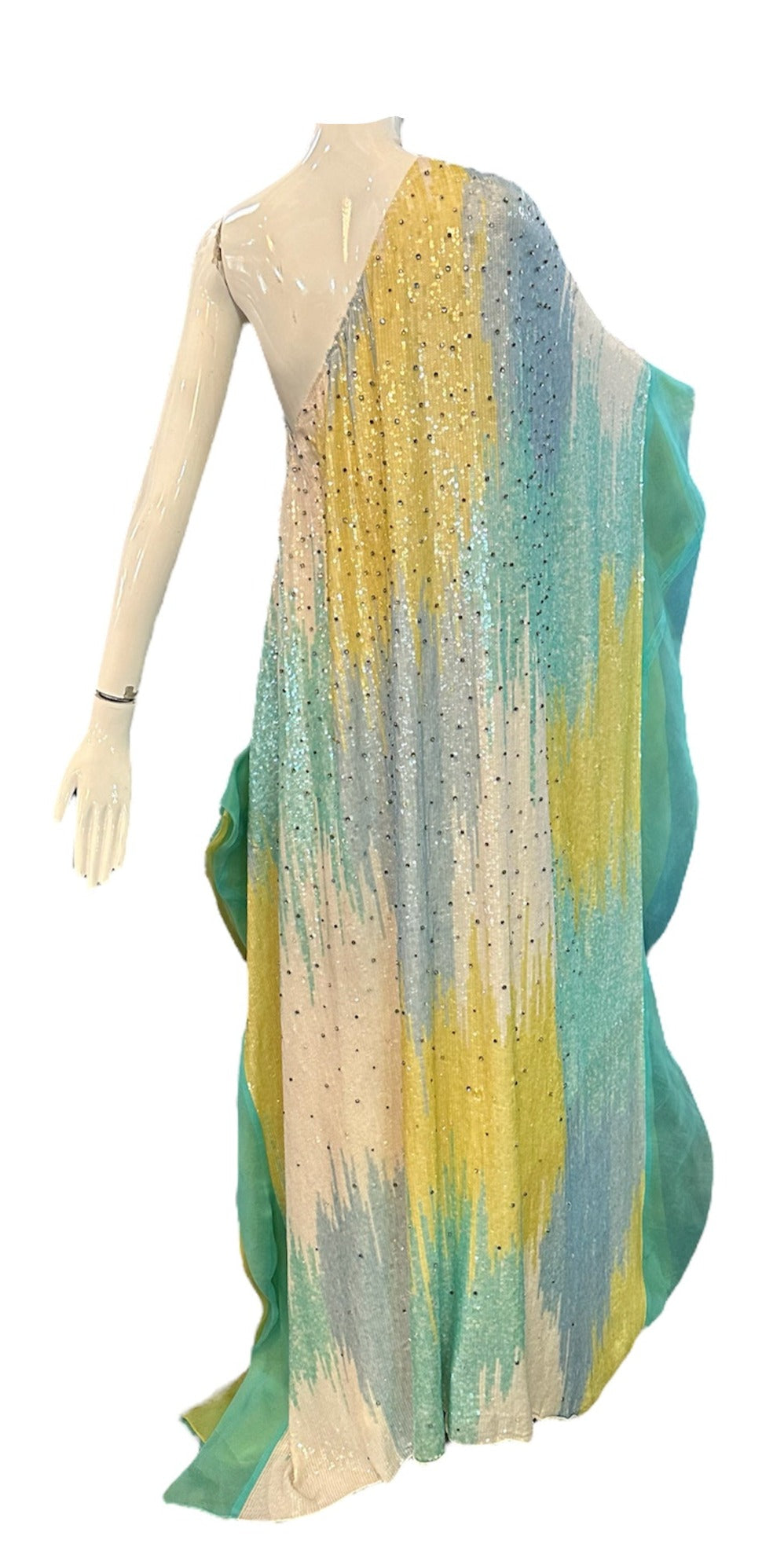  Lorena Sarbu Pastel Multi-ColoredHeavily Embellished Sequin One Shoulder Evening Caftan BACK 3 of 6