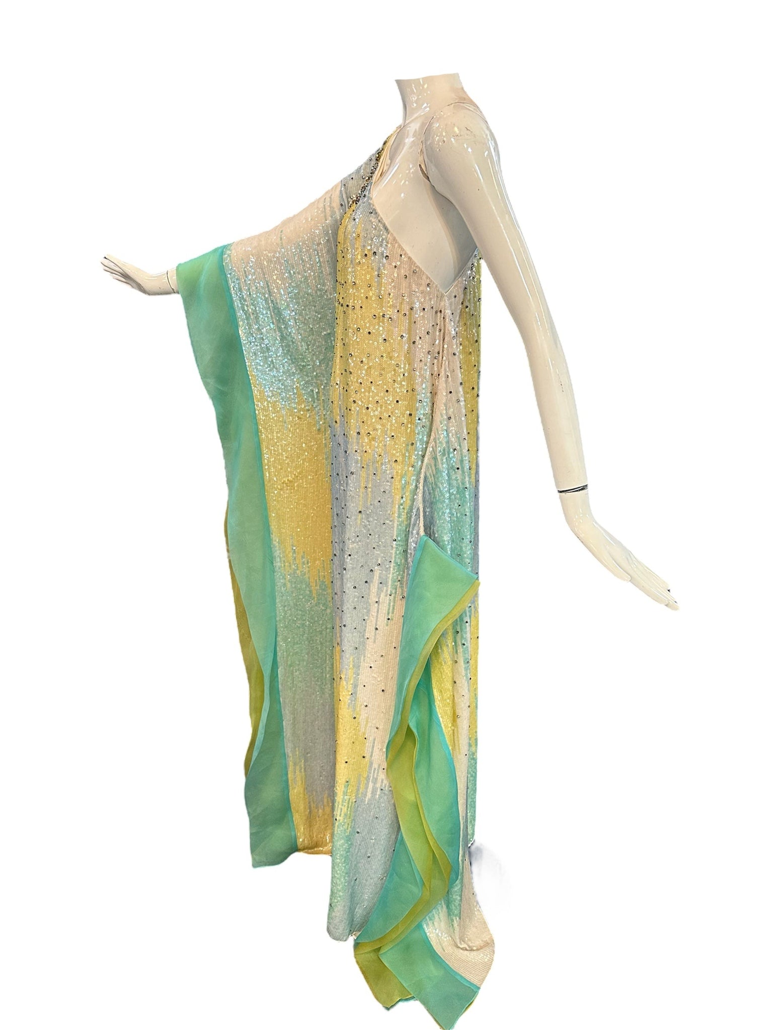  Lorena Sarbu Pastel Multi-ColoredHeavily Embellished Sequin One Shoulder Evening Caftan SIDE 2 of 6