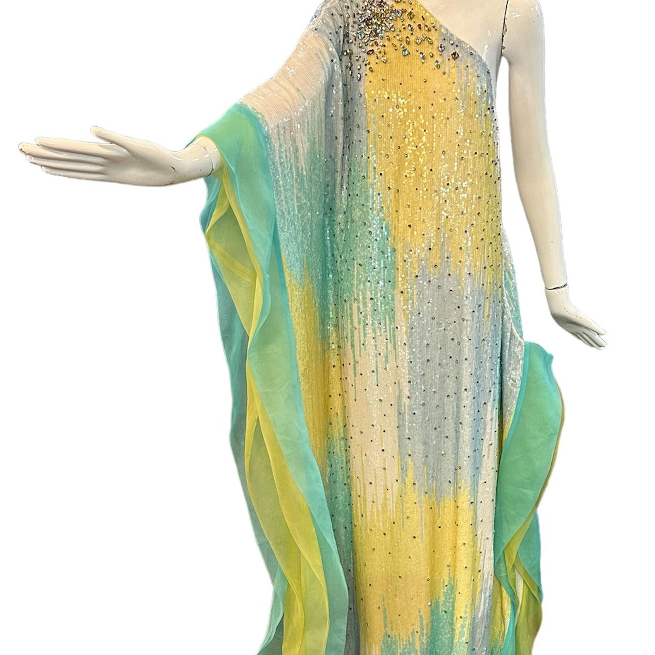  Lorena Sarbu Pastel Multi-ColoredHeavily Embellished Sequin One Shoulder Evening Caftan FRONT 1 of 6