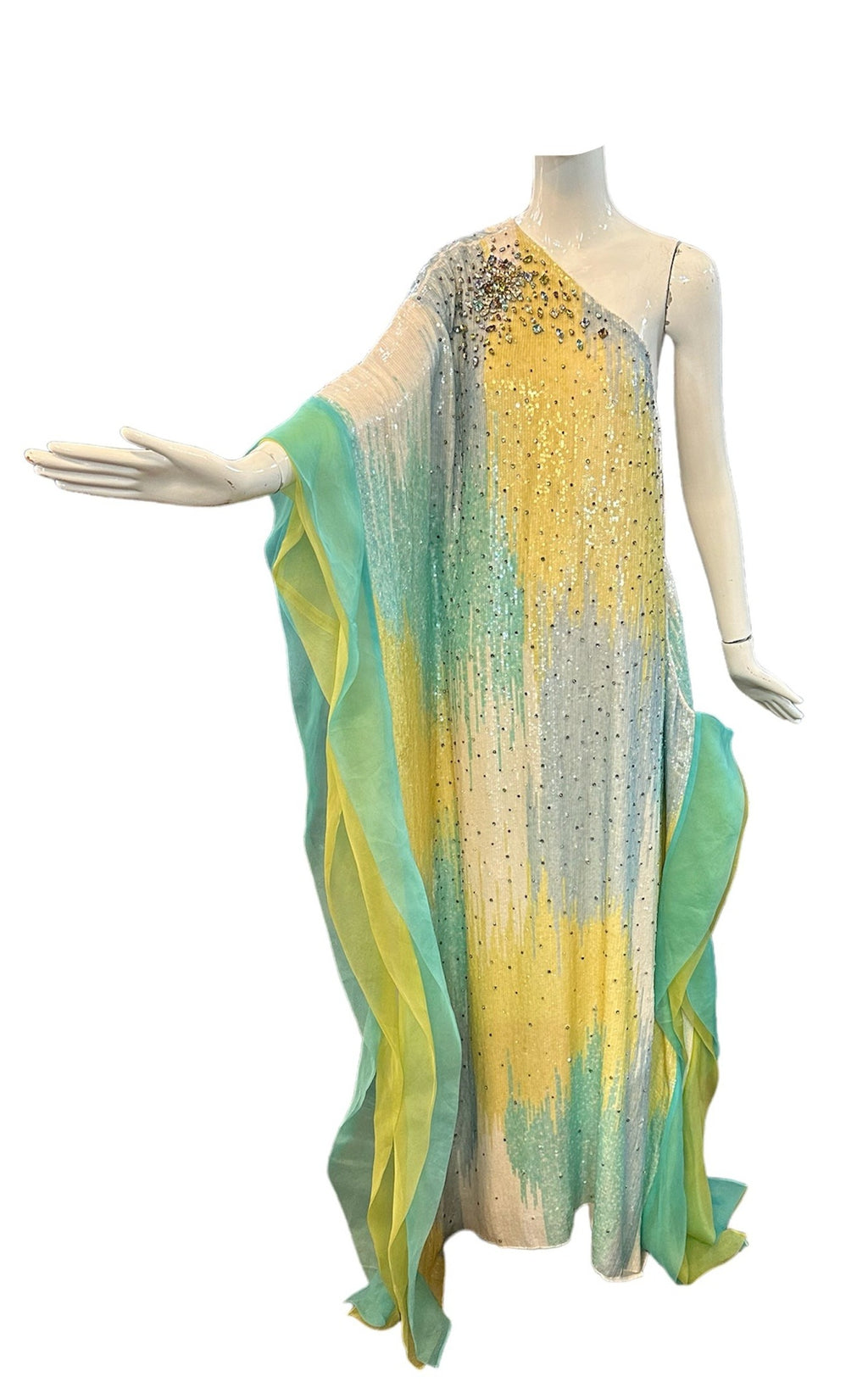  Lorena Sarbu Pastel Multi-ColoredHeavily Embellished Sequin One Shoulder Evening Caftan FRONT 1 of 6