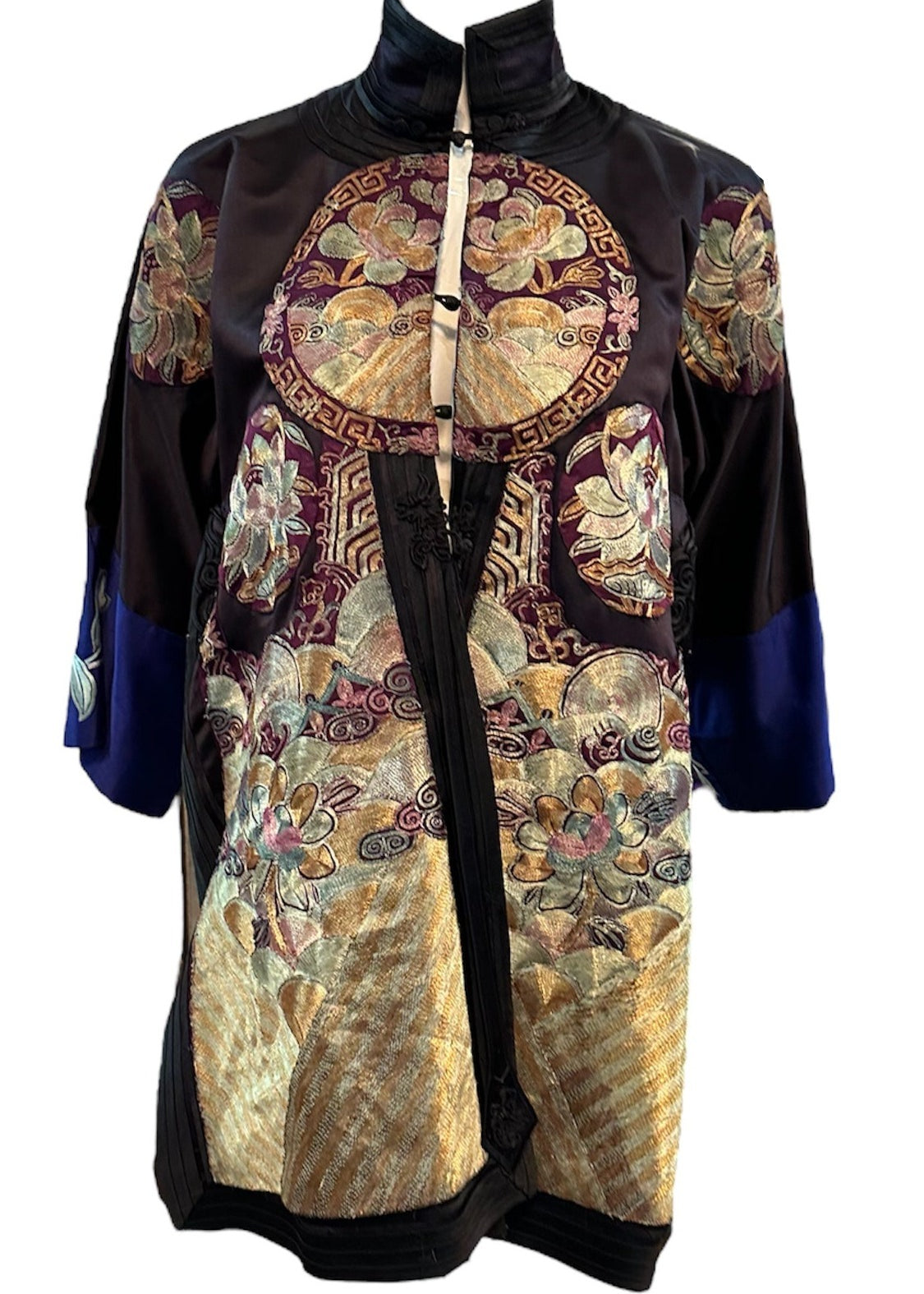 20s Black Silk Chinese jacket With Large Heavily Couched Multi Color Applique FRINT 1 of 7