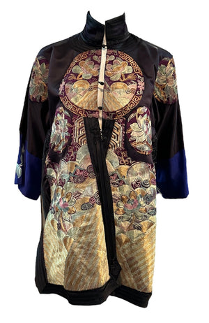 20s Black Silk Chinese jacket With Large Heavily Couched Multi Color Applique FRINT 1 of 7