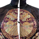 20s Black Silk Chinese jacket With Large Heavily Couched Multi Color Applique FRONT DETAIL 4 of 7