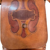  60s Hand Tooled Brown Leather Hippie Handbag with Whip StitchingFRONT DETAIL 5 of 7
