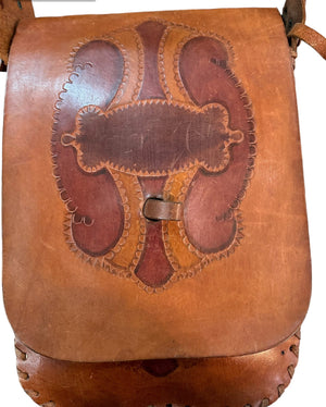  60s Hand Tooled Brown Leather Hippie Handbag with Whip StitchingFRONT DETAIL 5 of 7