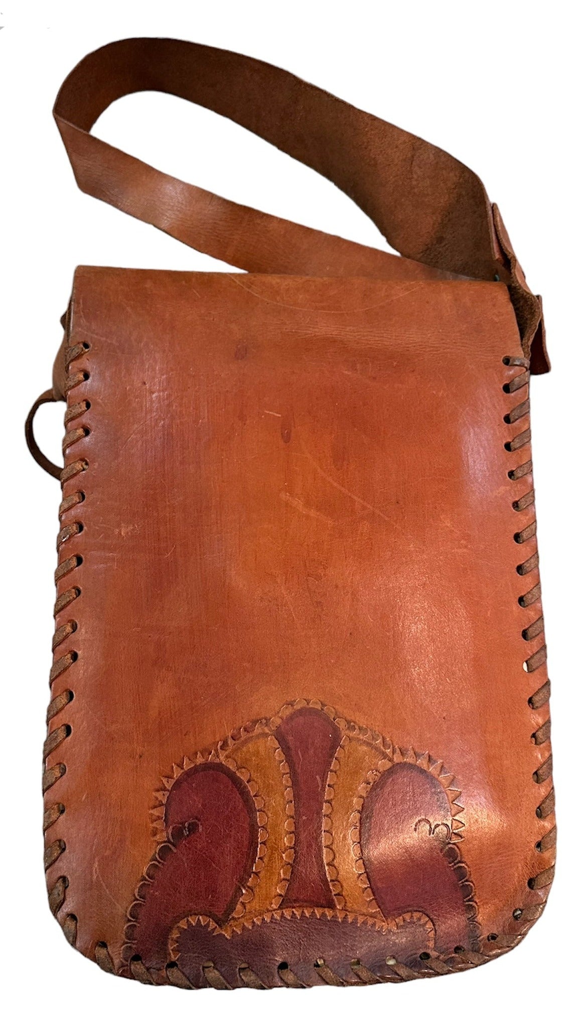  60s Hand Tooled Brown Leather Hippie Handbag with Whip StitchingBACK 3 of 7