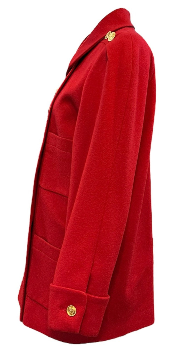  Chanel 90s Red Cashmere Double Breasted  Coat With Logo Buttons SIDE 2 of 6