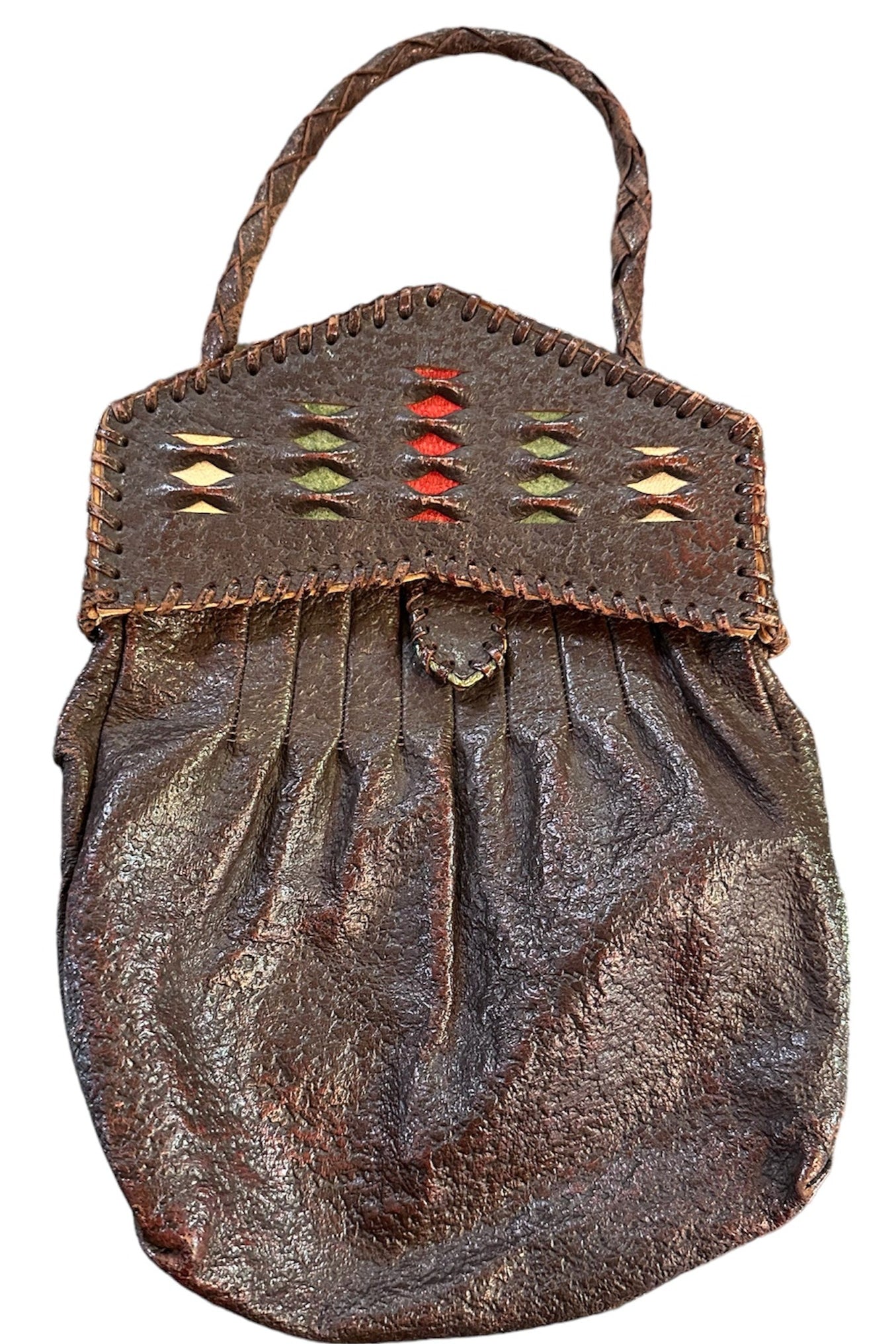 Interesting Pebbled Brown Leather Handbag with Pop Up Top FRONT 1 of 5