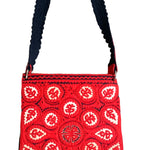 1960s Folkwear Felt Shoulder Bag in Red, White and Black Applique with Fringe FRONT 1 of 5