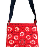 1960s Folkwear Felt Shoulder Bag in Red, White and Black Applique with Fringe FRONT 1 of 5