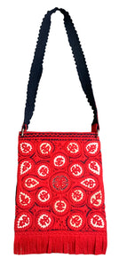 1960s Folkwear Felt Shoulder Bag in Red, White and Black Applique with Fringe FRONT 1 of 5