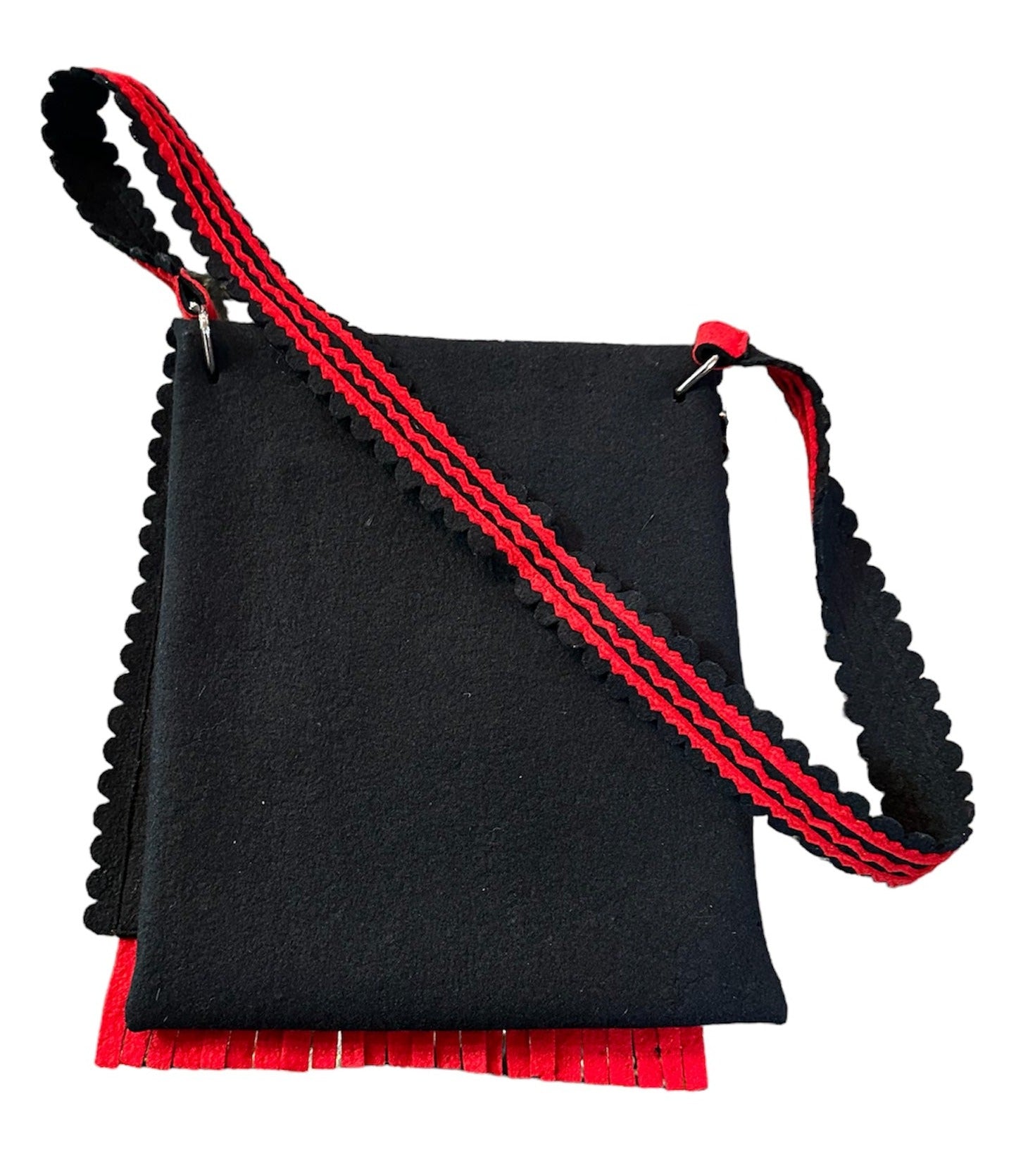 1960s Folkwear Felt Shoulder Bag in Red, White and Black Applique with Fringe BACK 2 of 5