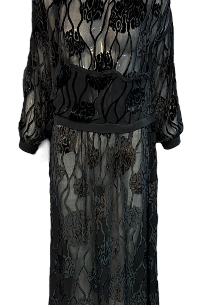 1920s Black Cut Velvet Drop Waist Flapper Dress with Sleeve Cut-Outs 1920s Black Cut Velvet Drop Waist Flapper Dress with Sleeve Cut-Outs