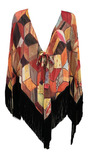  Moschino Cheap and Chic 1990s Mesh Trompe L'oeil Crazy Quilt Patchwork Fringed Shawl FRONT 1 of 5