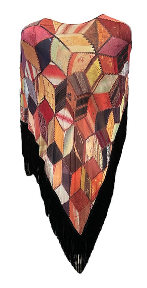  Moschino Cheap and Chic 1990s Mesh Trompe L'oeil Crazy Quilt Patchwork Fringed Shawl BACK 3 of 5