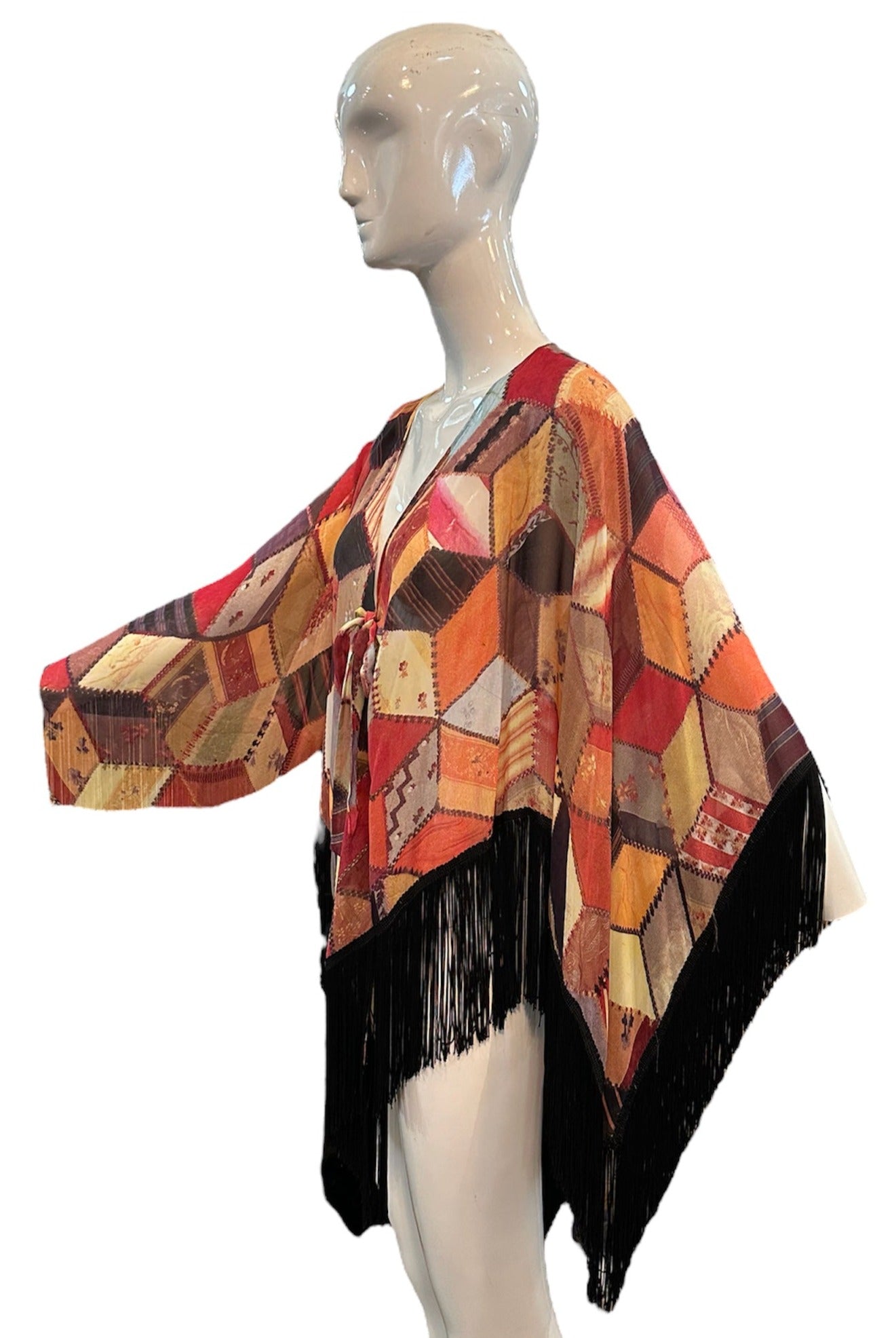  Moschino Cheap and Chic 1990s Mesh Trompe L'oeil Crazy Quilt Patchwork Fringed Shawl SIDE 2 of 5