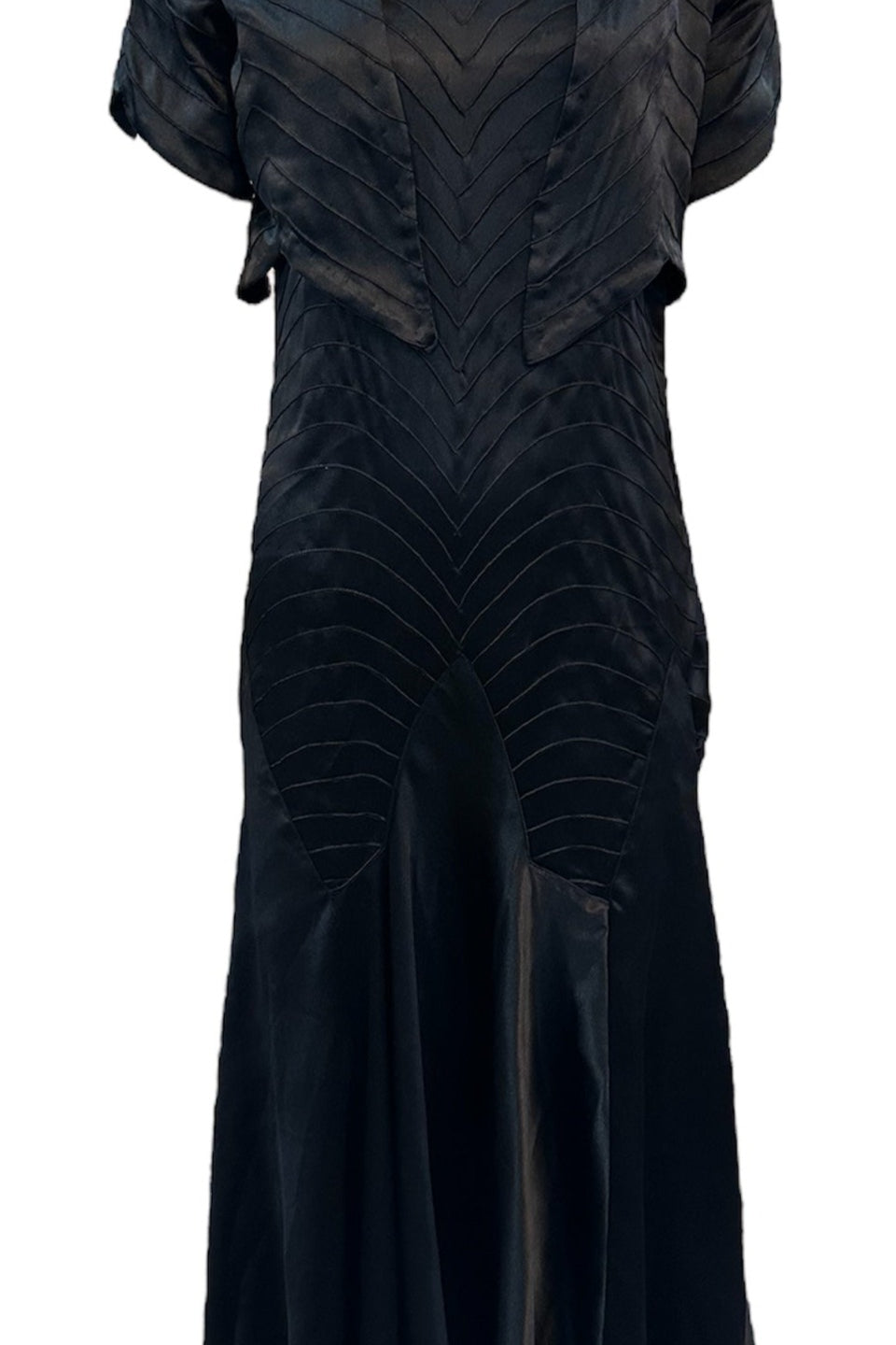 30s Black Satin Bias Cut Tea Length Gown with Matching  Bolero Jacket FRONT ENSEMBLE 1 of 11 