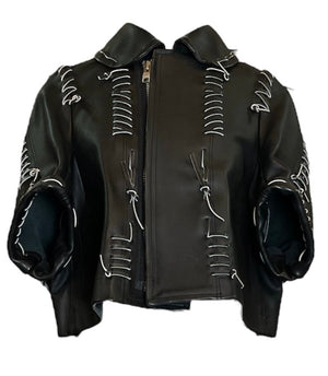 Comme des Garcons 2004 Black Whipstitch Cowhide Leather Motorcycle/Victorian Carriage Coat Jacket FRONT 1 of 9