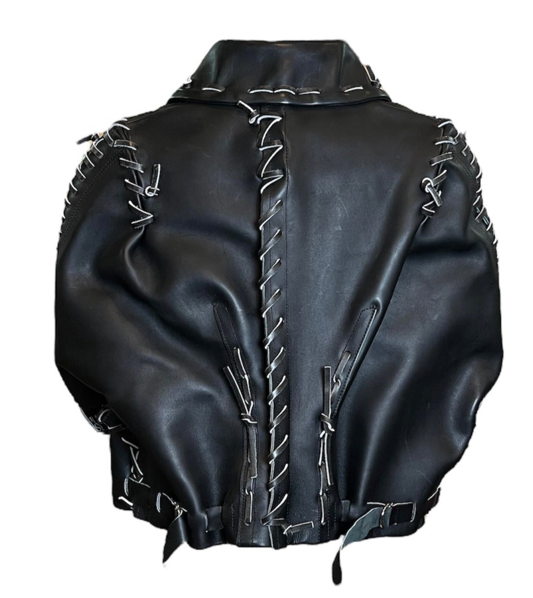 Comme des Garcons 2004 Black Whipstitch Cowhide Leather Motorcycle/Victorian Carriage Coat Jacket BACK 3 of 9