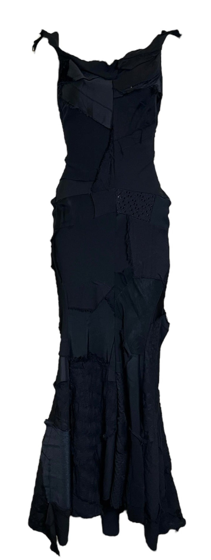  Junya Wantanabe for Comme des Garcons 2002 Black Wool Blend Patchwork Body Con Gown with Fluted Hem FRONT 1 of 8
