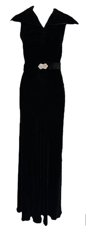 30s Black Silk Velvet Bias Cut Gown with Exaggerated Collar with Trapunto Stitching and  Diamante Belt Buckle FRONT 1 of 6