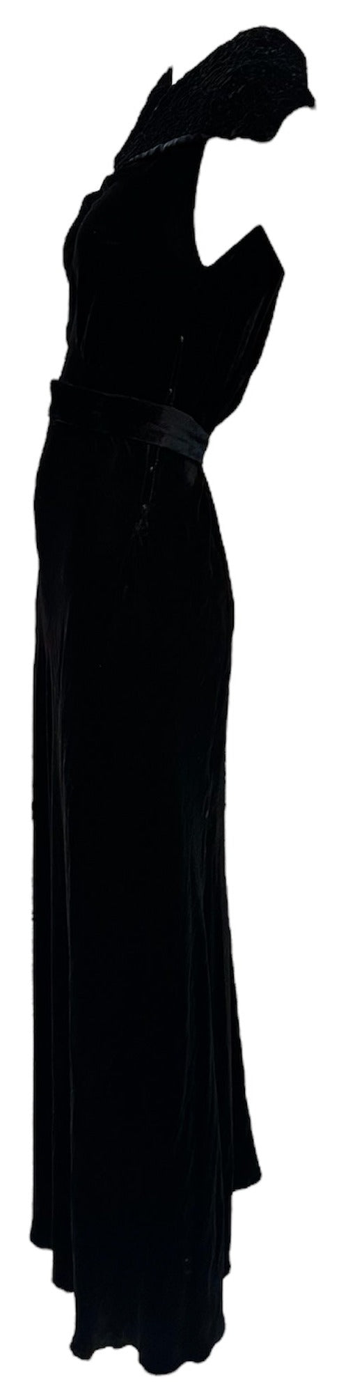 30s Black Silk Velvet Bias Cut Gown with Exaggerated Collar with Trapunto Stitching and  Diamante Belt Buckle SIDE 2 of 6