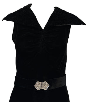 30s Black Silk Velvet Bias Cut Gown with Exaggerated Collar with Trapunto Stitching and  Diamante Belt Buckle BODICE 4 of 6