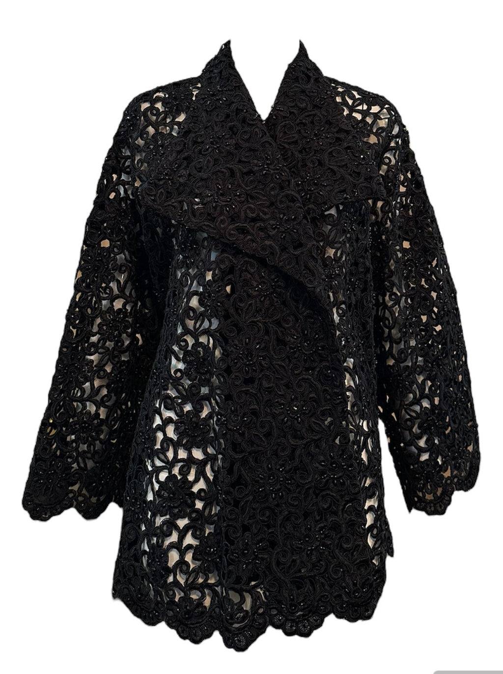 Gorgeous Black Cutwork Lace Evening Jacket Dotted with Beading FRONT 1 of 6