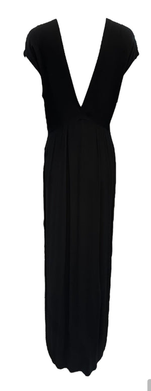 30s Black Satin Backed Crepe Gown with Rasberry Sequin Accent BACK 3 of 5 