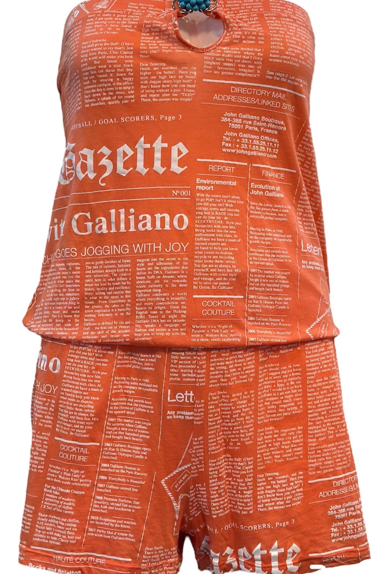   John Galliano Y2K Orange Cotton Strapless Newsprint Romper FRONT 1 of 6