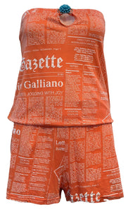   John Galliano Y2K Orange Cotton Strapless Newsprint Romper FRONT 1 of 6