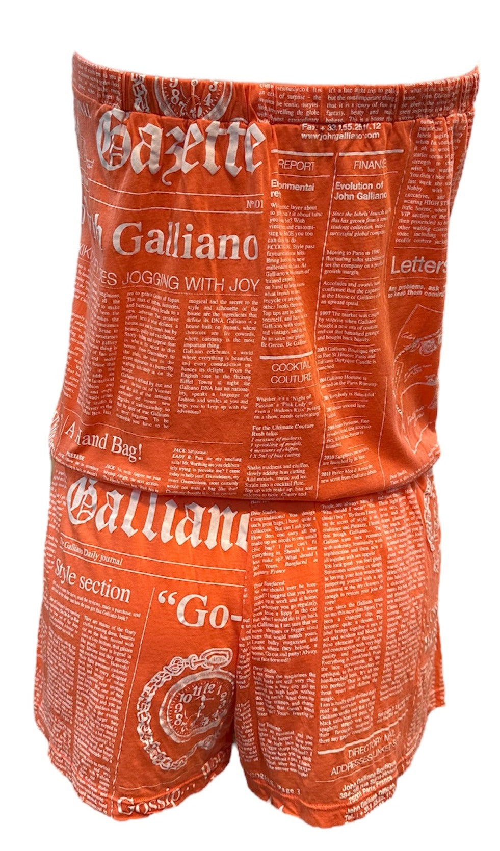   John Galliano Y2K Orange Cotton Strapless Newsprint Romper BACK 3 of 6