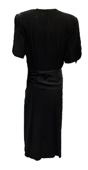 1940s Black Crepe Hollywood Noir Dress with Soutache Detail and Reversed Carved Lucite Button BACK 3 of 5