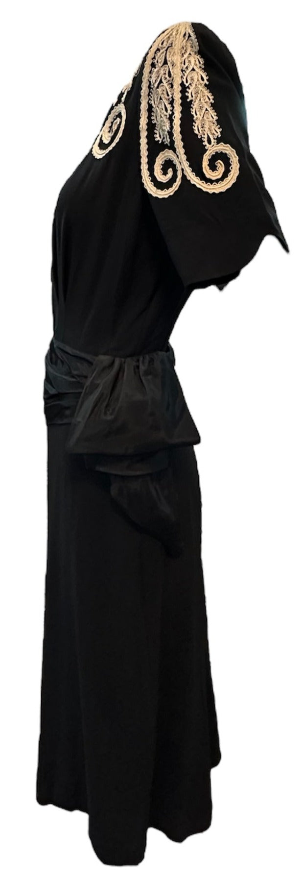 1940s Black Crepe Hollywood Noir Dress with Soutache Detail and Reversed Carved Lucite Button SIDE 2 of 5