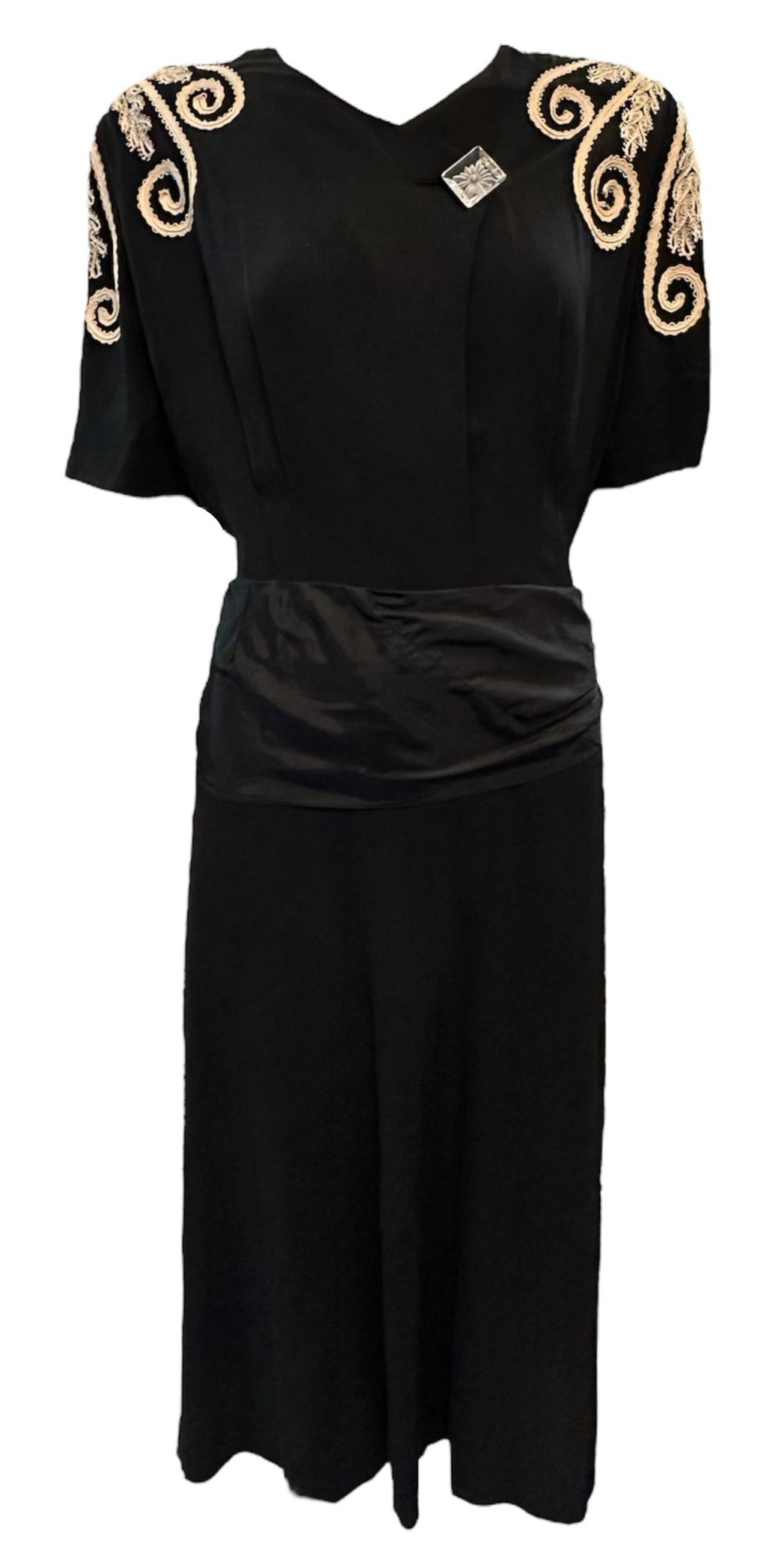 1940s Black Crepe Hollywood Noir Dress with Soutache Detail and Reversed Carved Lucite Button FRONT 1 of 5