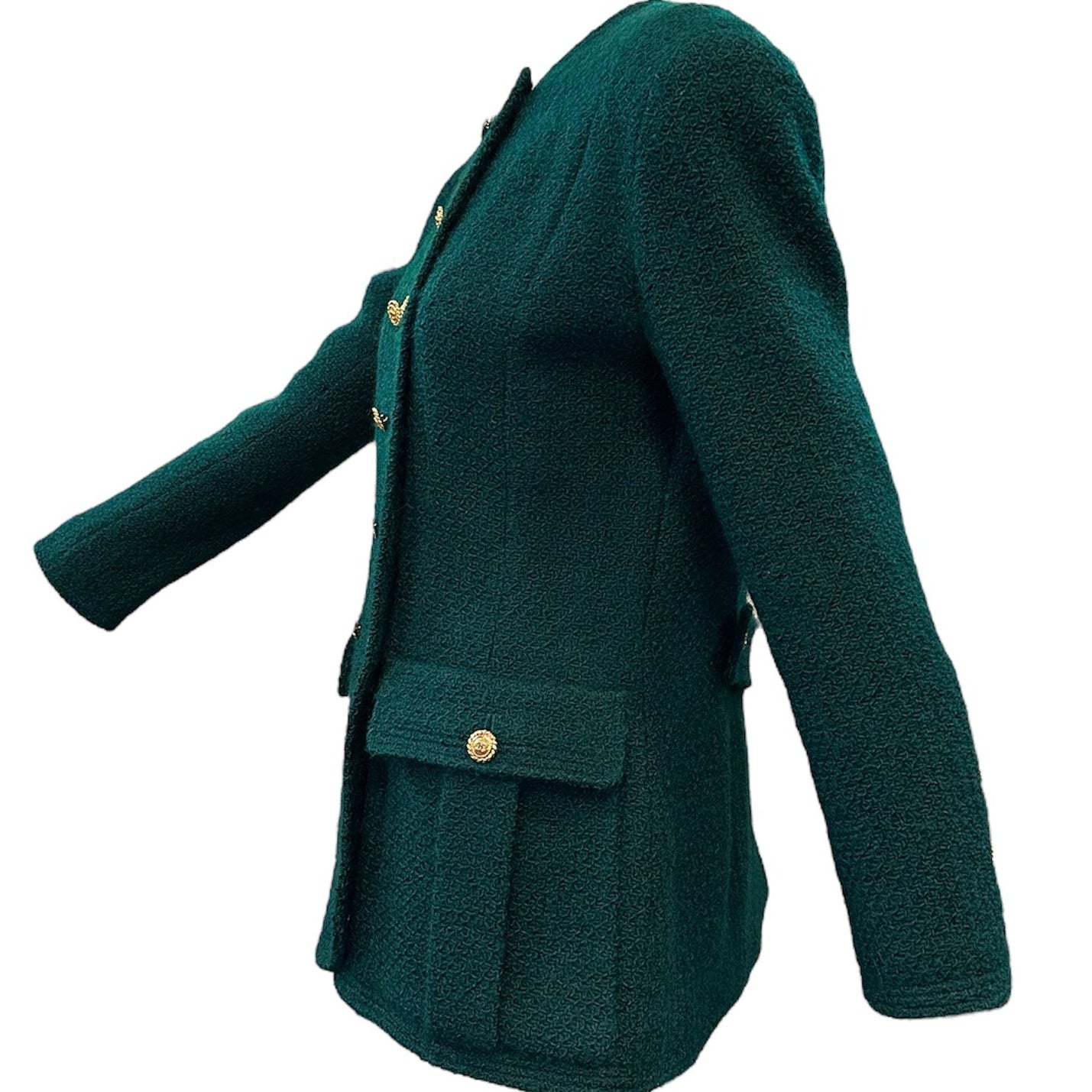   Chanel 90s Kelly Green  Double Breasted Nubby Wool Jacket with Logo Buttons SIDE 2 of 6