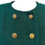   Chanel 90s Kelly Green  Double Breasted Nubby Wool Jacket with Logo Buttons COLLAR DETAIL 4 of 6