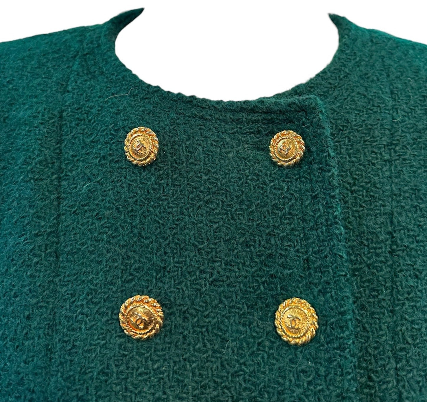   Chanel 90s Kelly Green  Double Breasted Nubby Wool Jacket with Logo Buttons COLLAR DETAIL 4 of 6