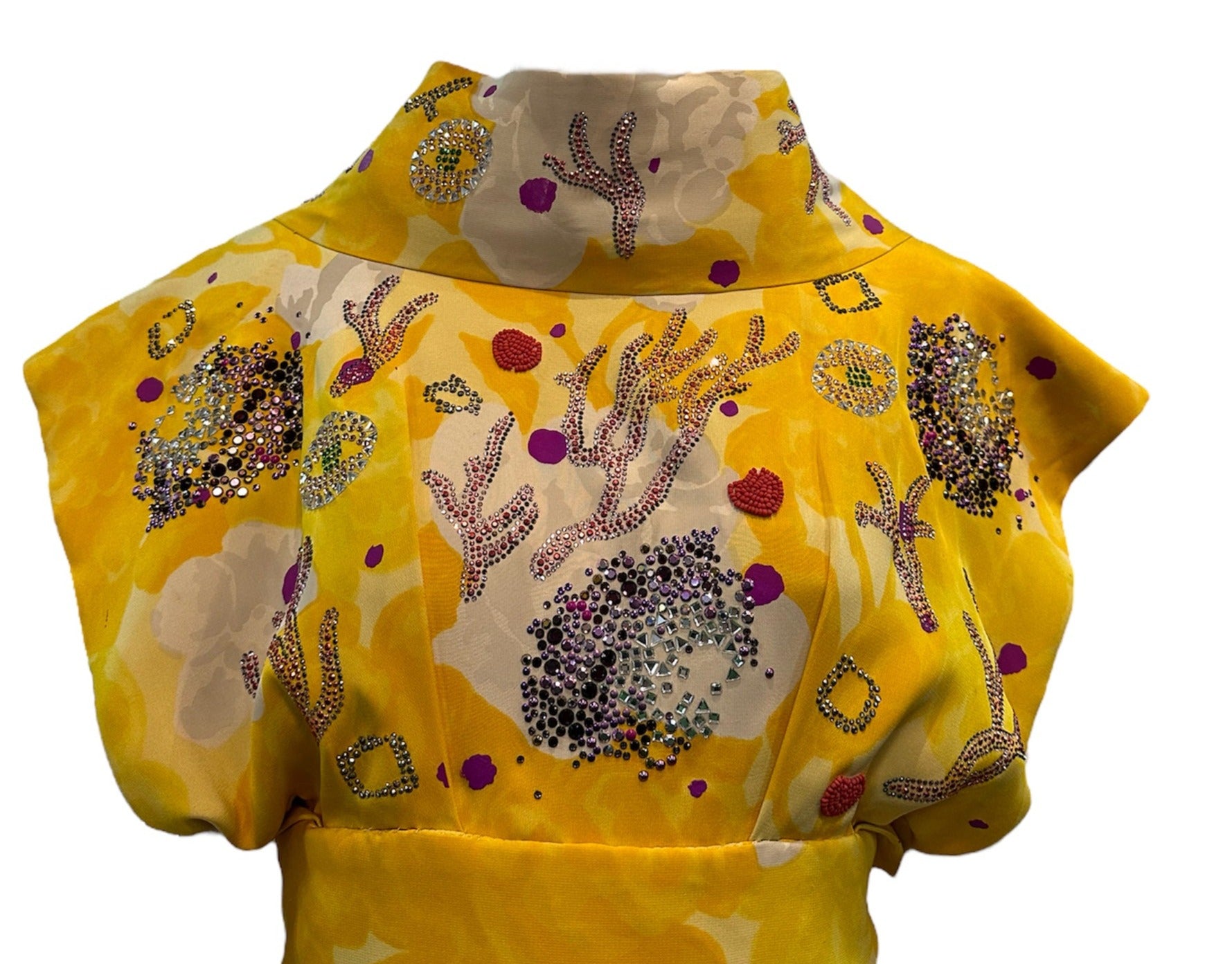Libertine/Norman Norell Contemporary/1960s Yellow Floral Jacquard Super Embellished Gown TOP DETAIL 4of 10