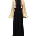 Van Dusen/Green 1970's Ivory and Black Crepe Bishop Sleeve Jumpsuit with Brown Velvet Trim