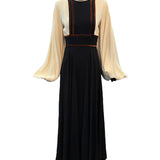 Van Dusen/Green 1970's Ivory and Black Crepe Bishop Sleeve Jumpsuit with Brown Velvet Trim