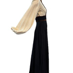 Van Dusen/Green 1970's Ivory and Black Crepe Bishop Sleeve Jumpsuit with Brown Velvet Trim, side 