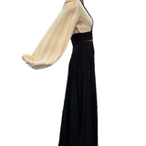 Van Dusen/Green 1970's Ivory and Black Crepe Bishop Sleeve Jumpsuit with Brown Velvet Trim, side 