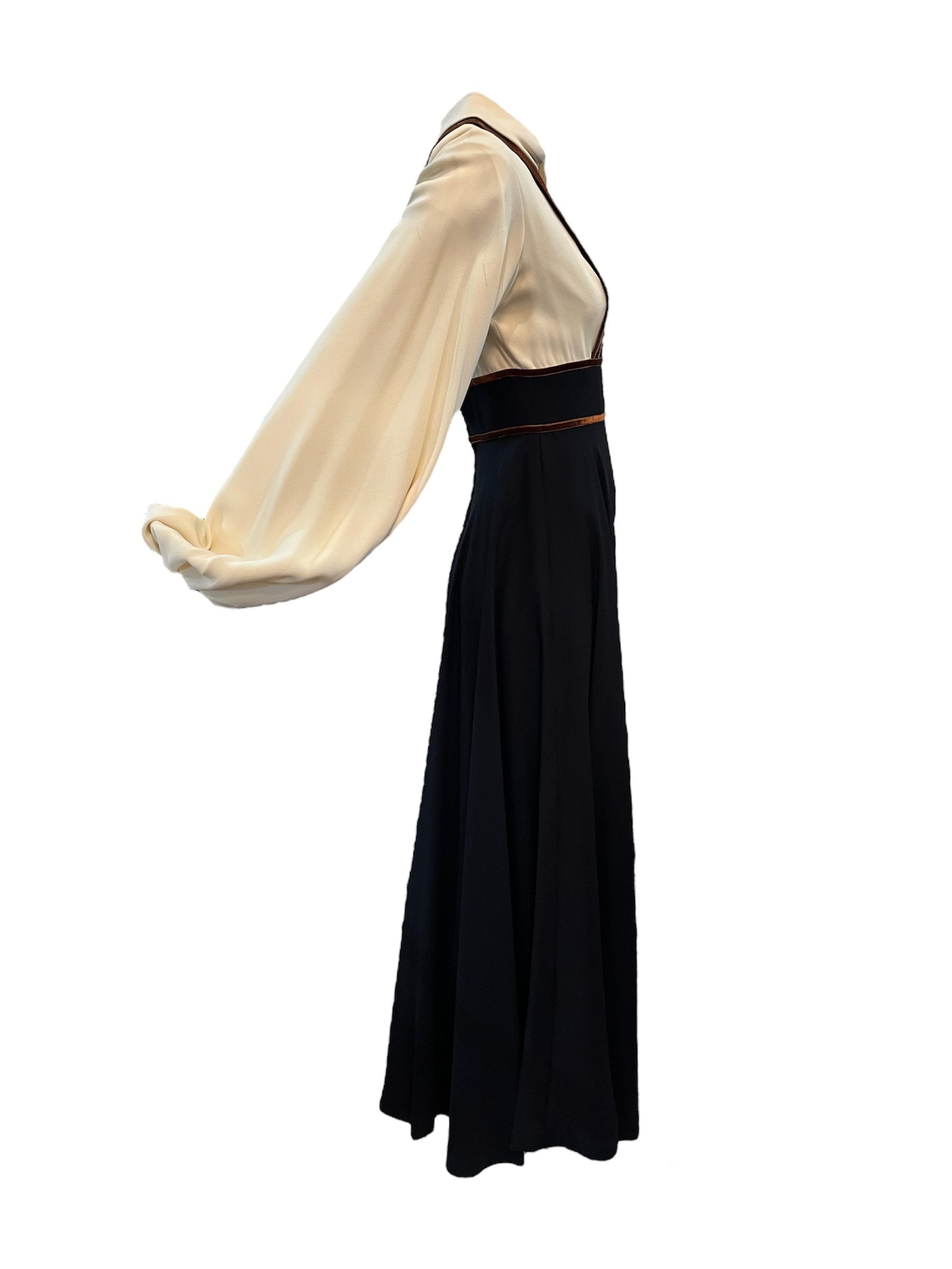 Van Dusen/Green 1970's Ivory and Black Crepe Bishop Sleeve Jumpsuit with Brown Velvet Trim, side 