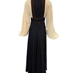 Van Dusen/Green 1970's Ivory and Black Crepe Bishop Sleeve Jumpsuit with Brown Velvet Trim, back