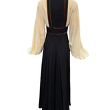Van Dusen/Green 1970's Ivory and Black Crepe Bishop Sleeve Jumpsuit with Brown Velvet Trim, back